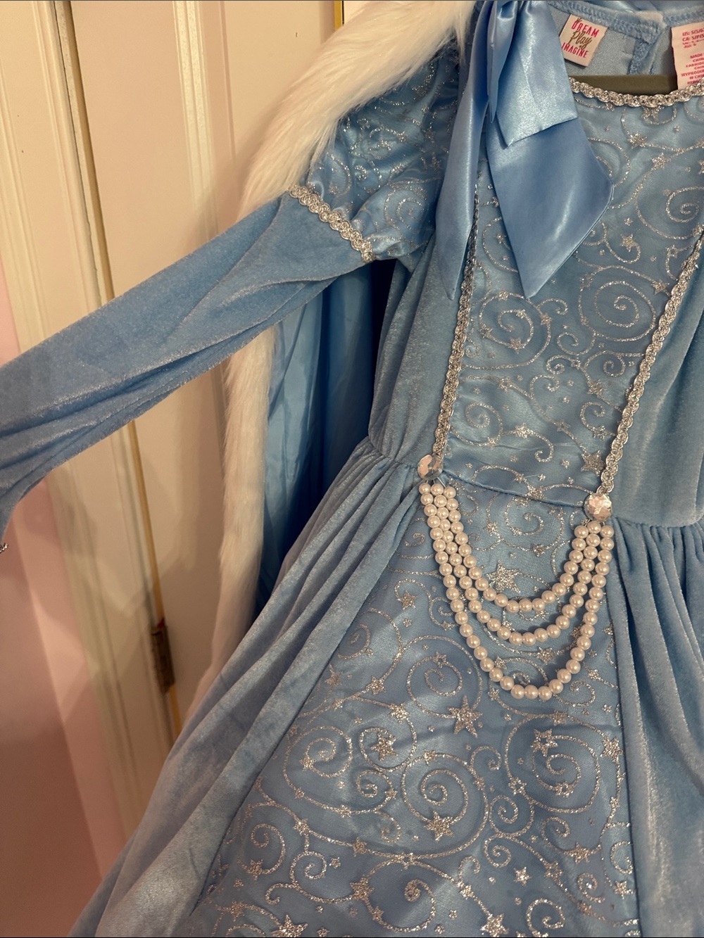 Frozen Inspired Blue Velvet Faux Fur Trim Princess Cape with Pearled Accent - Picture 7 of 9
